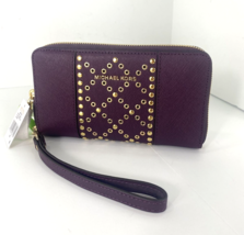 New Michael Kors Phone Wallet Purple Leather Gold Studs Zip Around Wrist... - $89.00