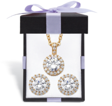 Round Cz Halo Earrings Solitaire Necklace Set Goldtone With Gift Box - £63.94 GBP