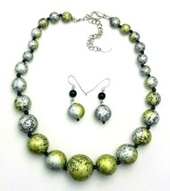 Vtg You And I Green Silver Black Graduated Bead Costume Necklace Earrings Set - £17.09 GBP