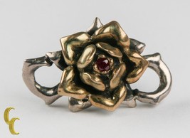 Single Vintage Sterling Silver &amp; Yellow Gold Rose Cufflink with Ruby - £458.89 GBP