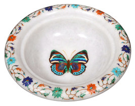 7&quot; White Marble Dry Fruit Bowl Malachite Butterfly Art Handicraft Marquetry Arts - £271.09 GBP