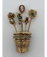 Vintage Jeanne THIMBLE STICK PINS Brooch Pin Gold-Tone - £33.50 GBP