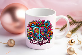Peace and Love Retro Colors Ceramic Mug 11oz, Wedding Gift Idea - $8.45
