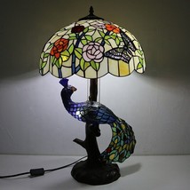 Peacock Base Rose Butterfly Floral Tiffany Table Lamp Stained Glass 16 i... - $559.00