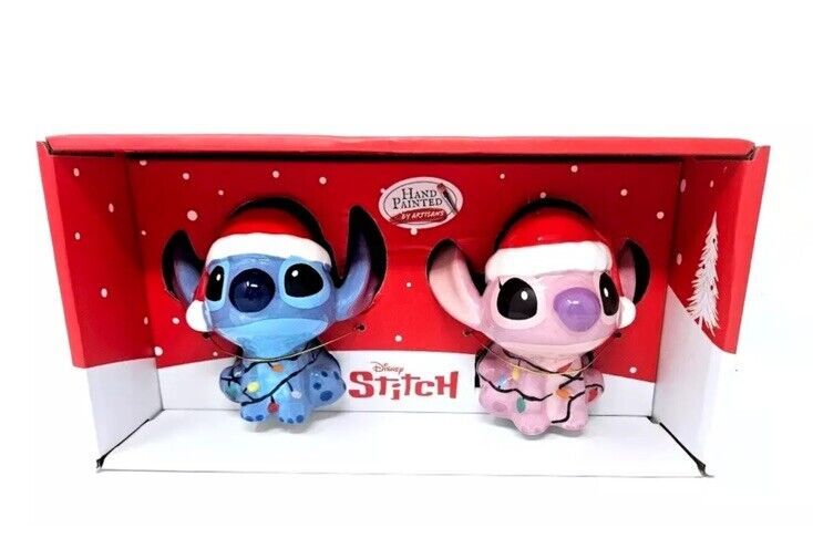 Disney STITCH / ANGEL Wrapped in Christmas Lights Ceramic Salt &amp; Pepper ... - $28.99