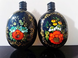 Pair of Vintage Metal Flask Russian Khokhloma Flowers Hand Painted USSR Rare - £52.04 GBP
