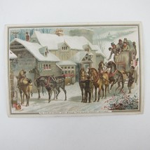 Victorian Greeting Card Christmas Stagecoach Horses Snowy Stables Antique - $9.99