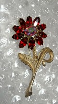 Vintage Goldtone Prong Set Ruby Red and AB Rhinestones Flower Pin Brooch - £39.16 GBP