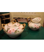 VINTAGE JPL FRANCE LIMOGE SUGAR &amp; CREAMER GOLD GILT HANDLES PINK FLOWER ... - £40.17 GBP