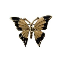 Vintage Butterfly Brooch Pin Black Ivory Enamel Gold Tone Insect Coat Pin - $12.86
