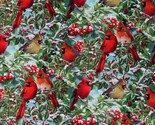 Cotton Cardinals &amp; Hollies Birds Snow Multicolor Fabric Print by Yard D5... - $14.95