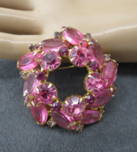 Vintage Pink Rhinestone Brooch Pin Brilliant Gold Tone Marquise Prong Set 1.75&quot; - £8.19 GBP