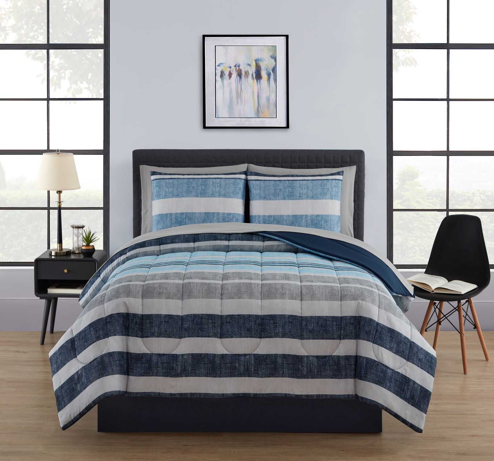 Queen Bed in a Bag 7-Piece Comforter Bedding Set Sheets Blue Gray White Stripes - £42.21 GBP