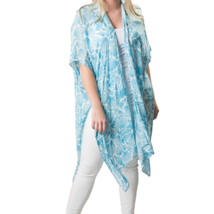 Kari Printed Lightweight Kimono Wrap Shawl Blue White Coastal Shells - £22.89 GBP