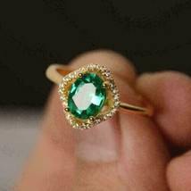 3Ct Simulated Oval Cut Green Emerald Halo Engagement Ring 14K Yellow Gold Plated - £61.67 GBP