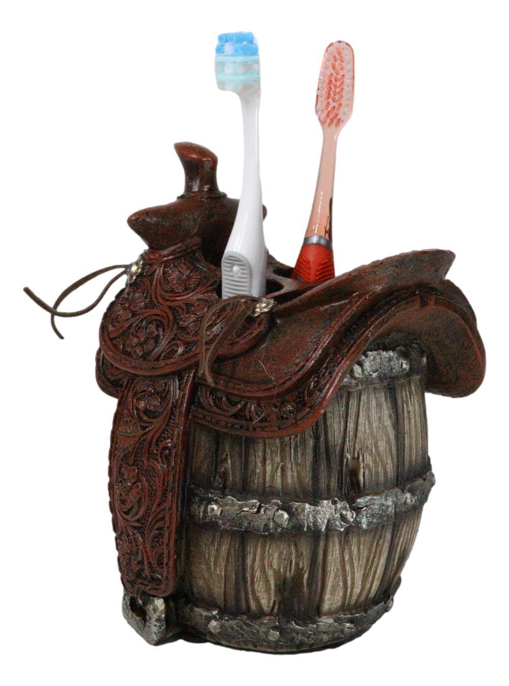 Rustic Western Faux Leather Cowboy Horse Saddle On Barrel Toothbrush Holder - $21.99