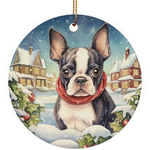 Cute Boston Terrier Dog Christmas Winter Vintage Ornament Ceramic Gift Decor - £11.83 GBP
