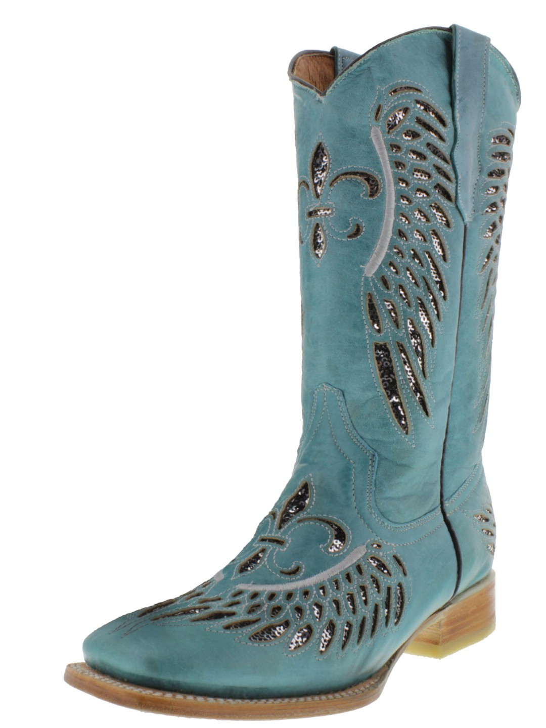 Womens Western Boots Turquoise Leather Silver Sequins Fleur-De-Lis Wings... - $76.82