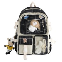 Unisex Cute Japanese Canvas Multi Pocket Backpack Large Capacity Plaid School St - £95.90 GBP