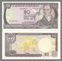 Colombia P425b, 50 Peso, hero Camilo Torres Tenorio / orchids 1986 UNC see UV - £2.67 GBP