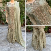 Pakistani Sage Green  heavy  jewel work Organza Gharara Dress,L - £122.21 GBP