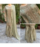 Pakistani Sage Green  heavy  jewel work Organza Gharara Dress,L - £122.28 GBP