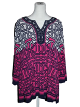 JM Collection Woman Top Size 0X Beaded Shirt V-Neck Pink White Navy 3/4 Sleeve - £17.65 GBP