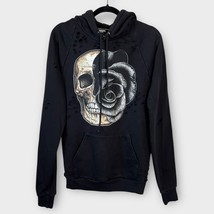 DOMREBEL Distressed Skull &amp; Rose Graphic Men&#39;s Black Hoodie Size Small - $120.94