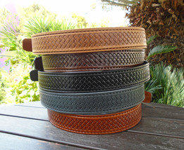 Handmade Greek Leather Belt with Embossed Woven Pattern 1.5&quot; (4cm) - £27.33 GBP