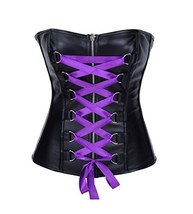 Black Faux Leather Purple Satin Lace Steampunk Corset Waist Training Overbust - £50.35 GBP