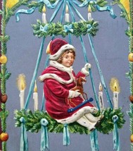 Christmas Postcard Santa Suit Girl Swings On Chandelier MAB 15735 Germany 1913 - £28.45 GBP