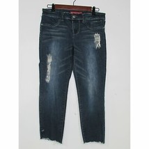 ELLE Dark Distressed Skinny Jeans Raw Hem Pants Straight Leg Cropped Pockets 6R - $14.48