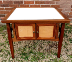 Mid Century Modern White Laminate &amp; Teak? Wood Side/End Table 27&quot; Square... - $440.54