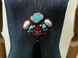Soutache Necklace Turquoise Blue And Multi-Color Beads - £23.98 GBP