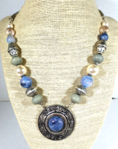 Vintage 18&quot; Silver Color BEADED Necklace With AZTEC INSPIRED Cabochon - £12.04 GBP