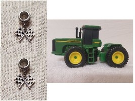 John Deere Green DIE CAST METAL Toy Tractor and 2 Racing Flags Charms - $7.43