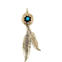 Vtg Signed Sterling R Navajo Shadow Box Turquoise Stone Dangle Feather Pendant - £36.28 GBP