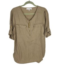 Ellen Tracy Women&#39;s Linen Top Roll-Tab Sleeve 1/4-Zip Flax Size M - $369.07 MXN