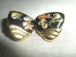 BAKED ENAMEL Pierced Earrings Gold Tone Handmade Gold Swirl Purple Hues Vintage - £7.46 GBP