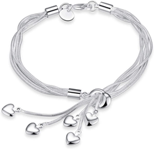925 Sterling Silver Five-Line Chain with Five-Heart Bracelet Bangle - £8.77 GBP