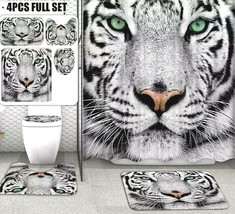 White Tiger Bathroom Shower Curtain Toilet Seat Cover &amp; Rugs Set - £48.87 GBP
