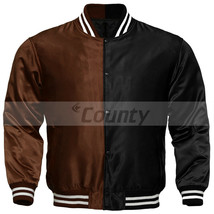 Super Letterman Baseball College Varsity Bomber Sports Jacket Brown Black Satin - £47.54 GBP