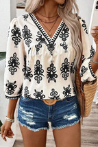 Printed V-Neck Three-Quarter Sleeve Blouse - £20.81 GBP