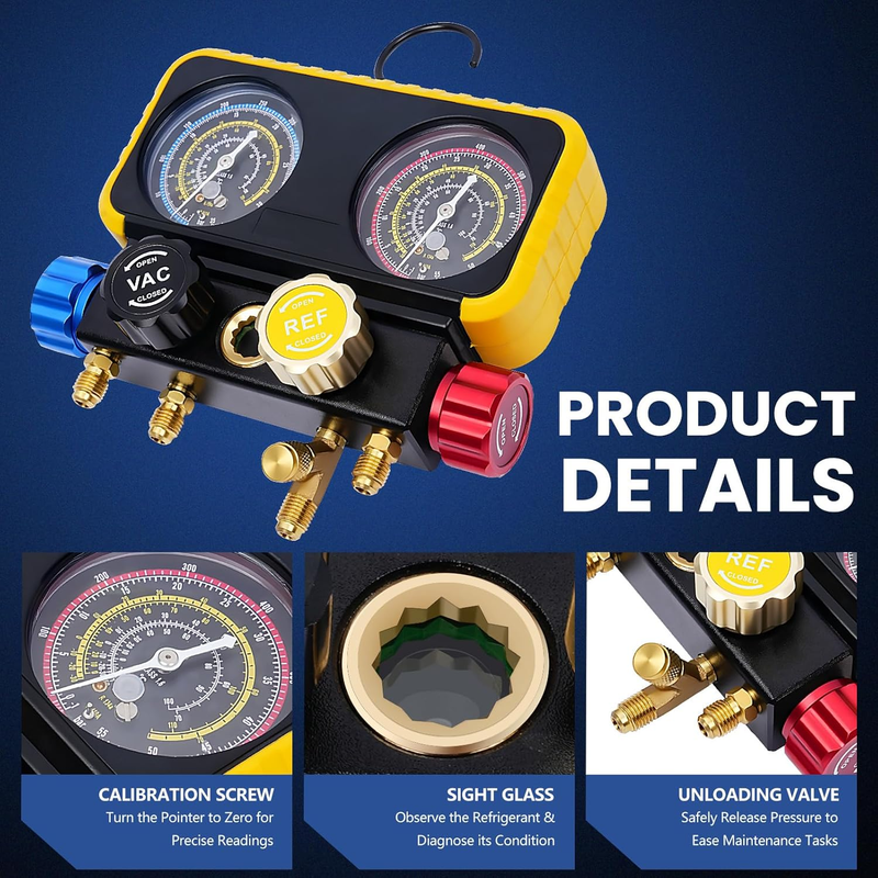Automotive AC Gauges Set with Hoses,4 Way HVAC Manifold Gauge Set Compatible wit Item image 4