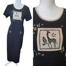 Vintage 90s Black Safari Giraffe Black Maxi Dress Casual Side Slits Sz Small - $38.57