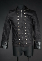Men&#39;s Black With Vegan Leather Military Jacket Zip Front Steampunk Goth Jacket - £57.17 GBP