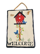Handpainted Welcome Stenciled Birdhouse Slate Plaque Wall Hanging Decor - $18.48