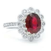 Art Deco 2.30CT Oval Ruby LC Moissanite 14K White Gold-Plated Halo Ring Xmas - £66.18 GBP