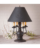 COLONIAL TABLE LAMP &amp; PUNCHED TIN SHADE - BLACK &amp; RED with 3 Light Optio... - £325.62 GBP