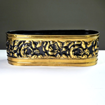Vintage Brass and Black Planter Long Rose Flower Embossed Made in Japan 11x4.5in - £39.22 GBP